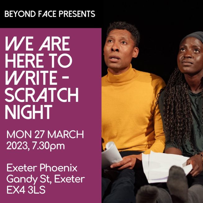 Man and woman sat on stage performing the script in their hands.